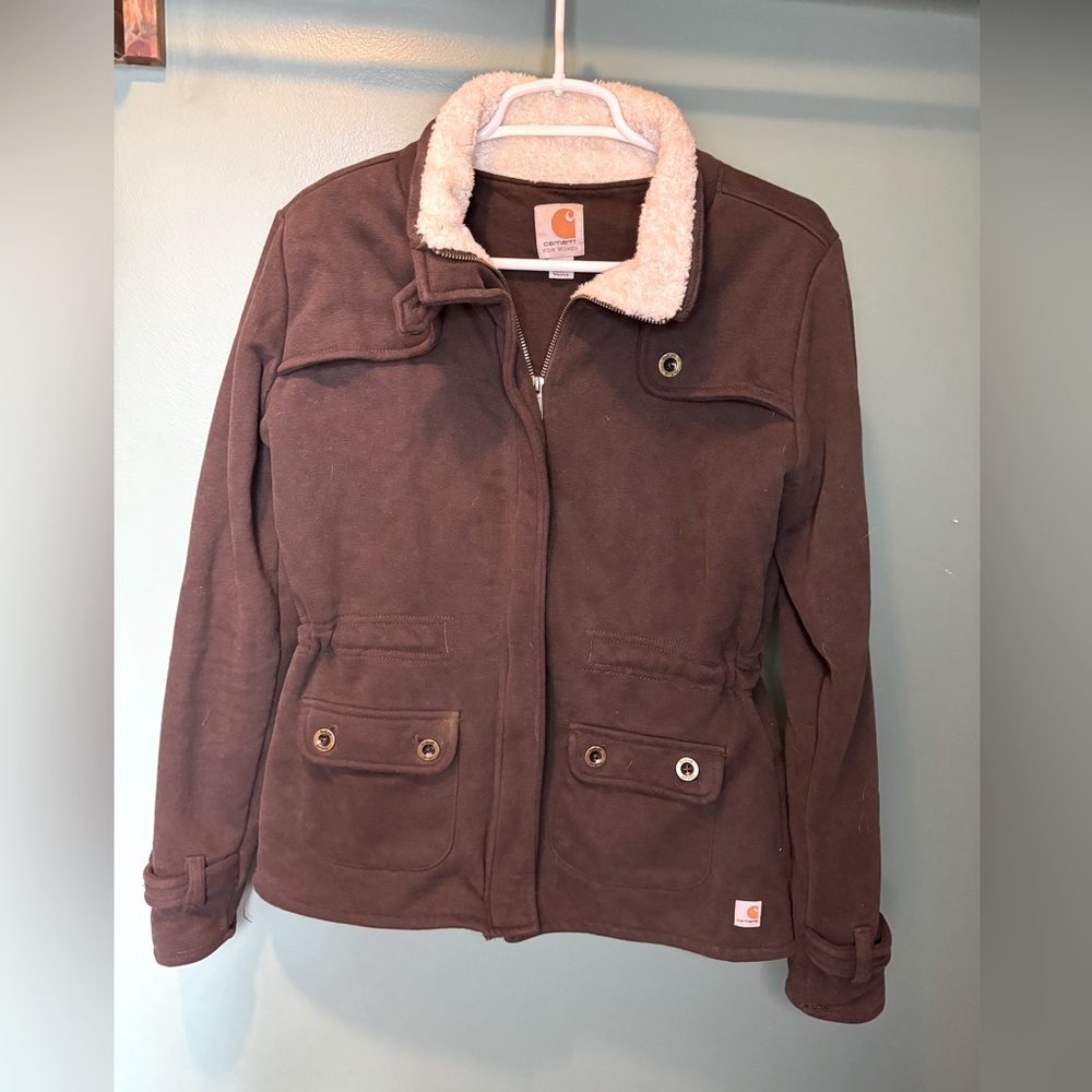 Carhartt Sweat Jacket Women's Brown Sherpa Lined Collar Full Zip WK111